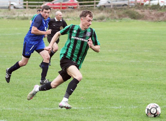 Camron Brunton - in action earlier in the season at Kilgetty - scored a superb hat-trick for Hakin against Cwmamman United