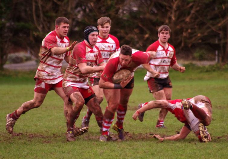 Alun Harries drives hard for Milford against Pembroke